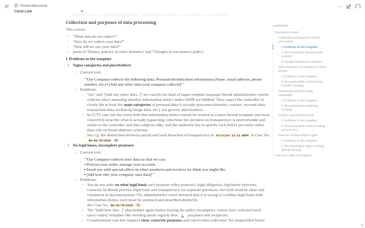 Review of a company privacy policy against Slovak case law