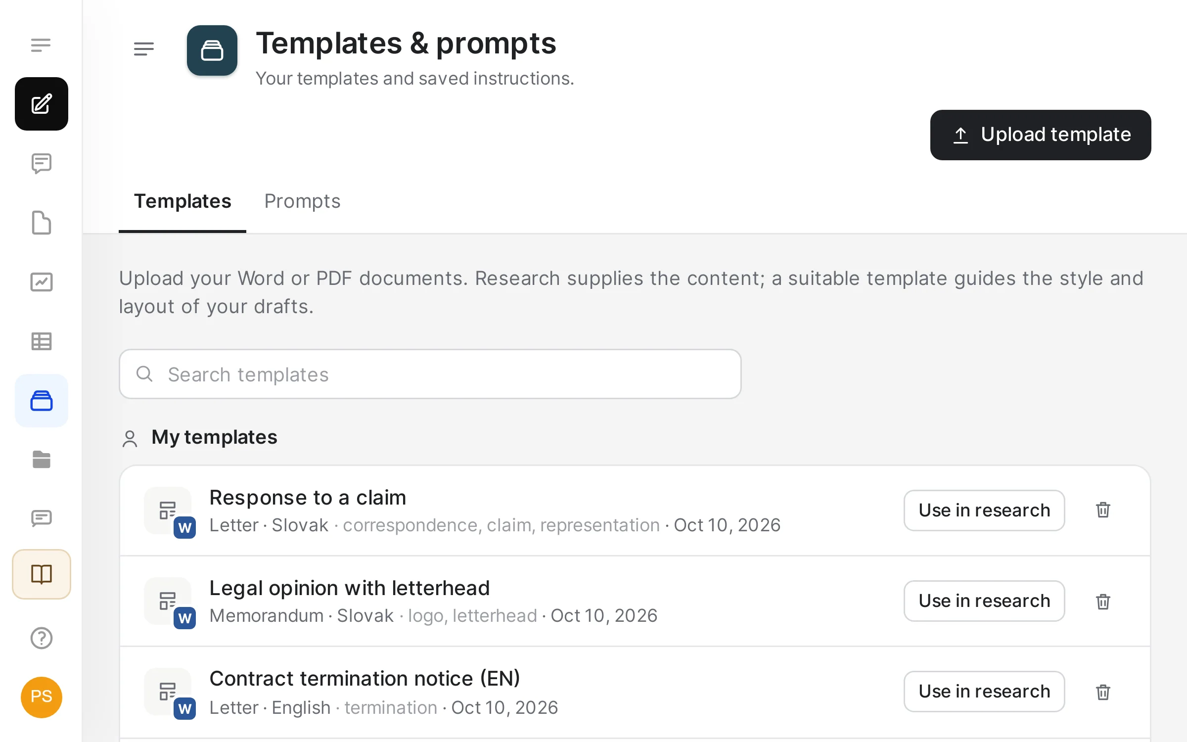 The firm's template library, with a button to upload your own template